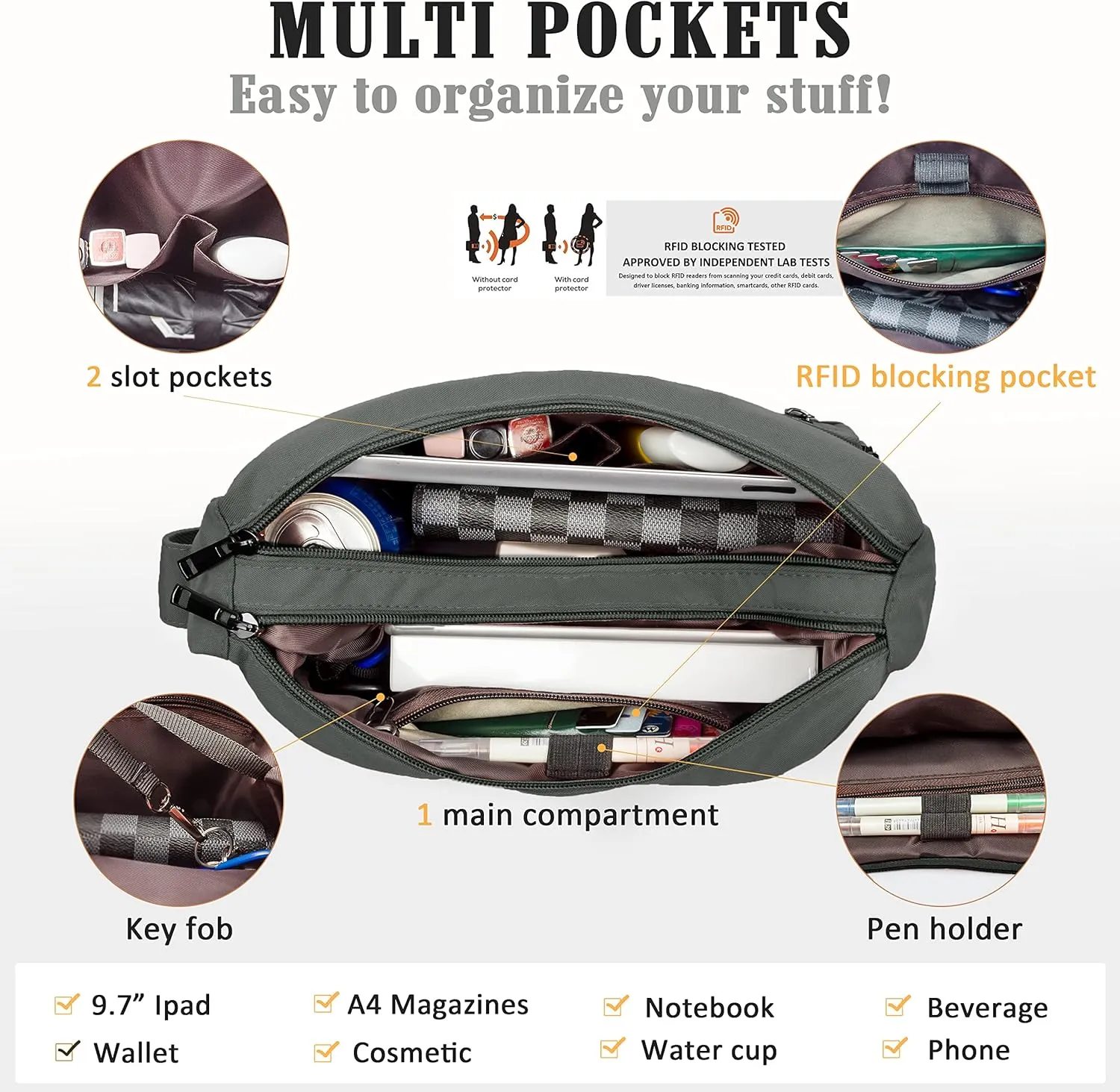 VOLGANIK ROCK RFID Purses for Women Fabric Nylon Multi Pocket Crossbody Bag Ladies Travel Handbag