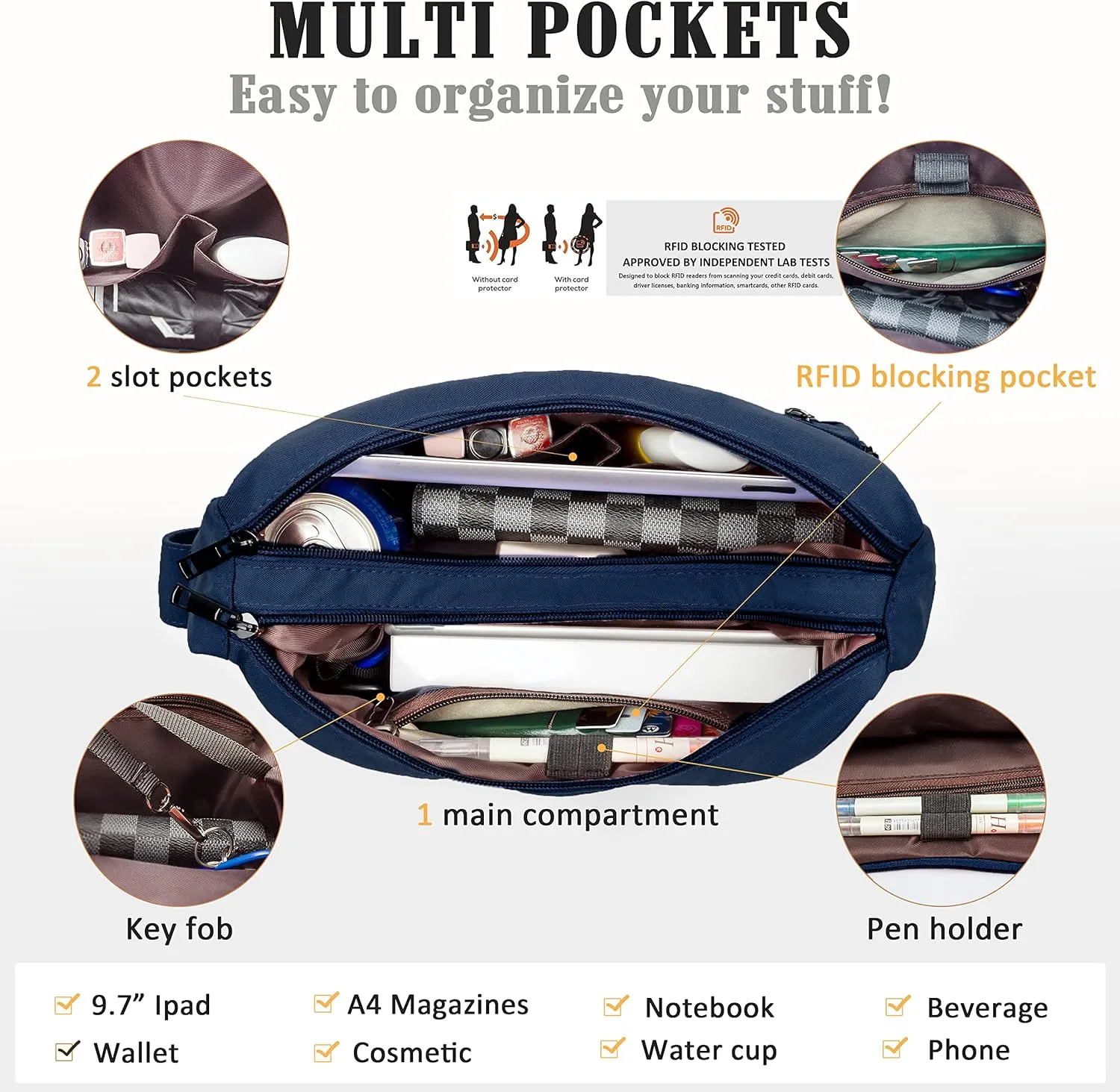 VOLGANIK ROCK RFID Purses for Women Fabric Nylon Multi Pocket Crossbody Bag Ladies Travel Handbag