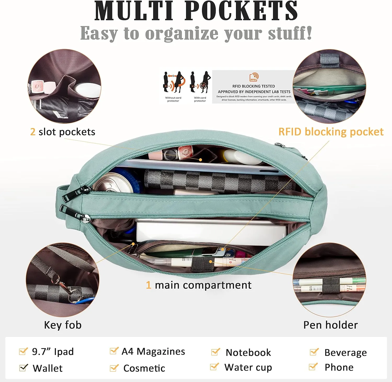 VOLGANIK ROCK RFID Purses for Women Fabric Nylon Multi Pocket Crossbody Bag Ladies Travel Handbag