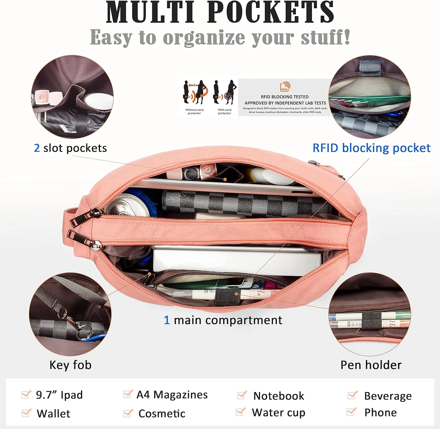 VOLGANIK ROCK RFID Purses for Women Fabric Nylon Multi Pocket Crossbody Bag Ladies Travel Handbag