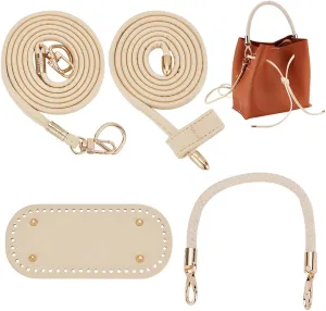 WADORN DIY Handbag Making Kit, Handmde Crochet Knitting Bucket Tote Bag Making Accessories Include Oval PU Leather Bag Bottom Bag Shoulder Strap Braided Leather Handle Strap and Drawstring Strap