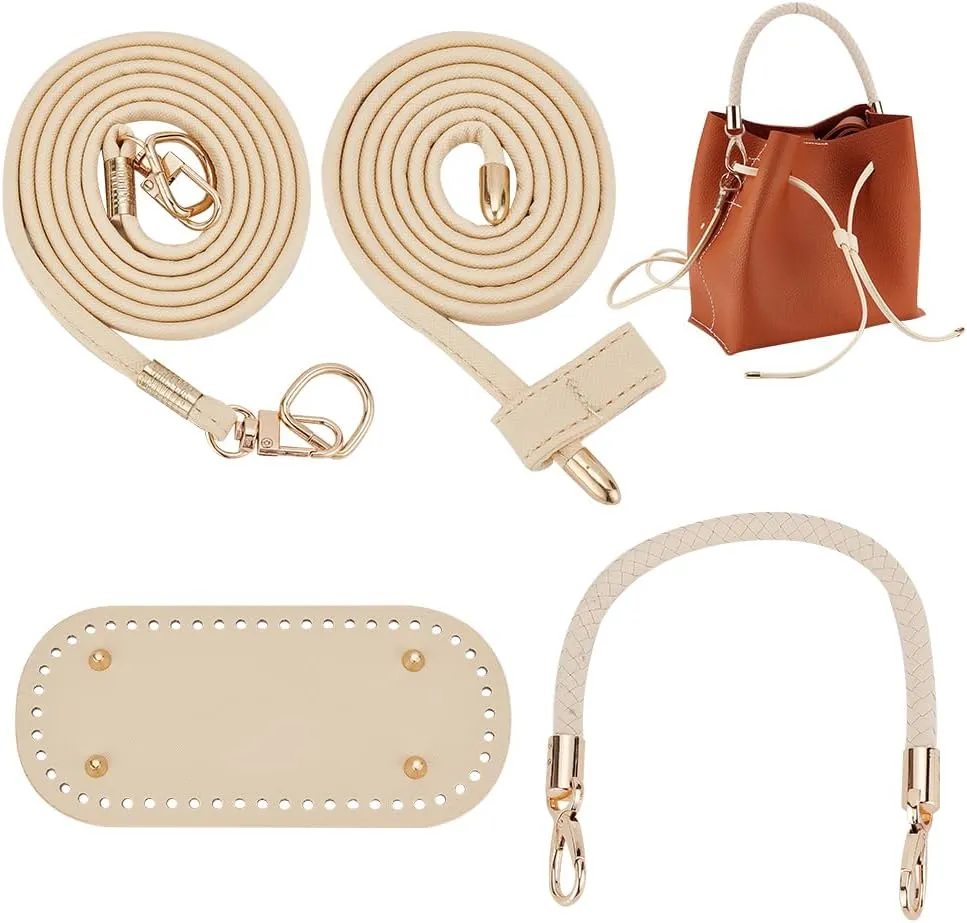 WADORN DIY Handbag Making Kit, Handmde Crochet Knitting Bucket Tote Bag Making Accessories Include Oval PU Leather Bag Bottom Bag Shoulder Strap Braided Leather Handle Strap and Drawstring Strap