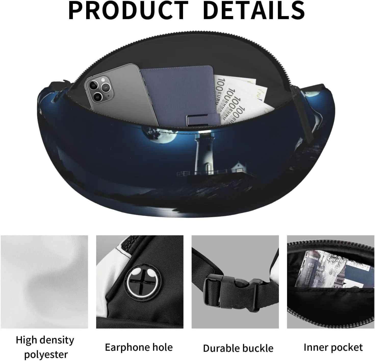 Waist Packs For Men & Women, Fashion Sling Pack With Adjustable Belt For Travel Sports Running.Moonlight Lighthouse Print
