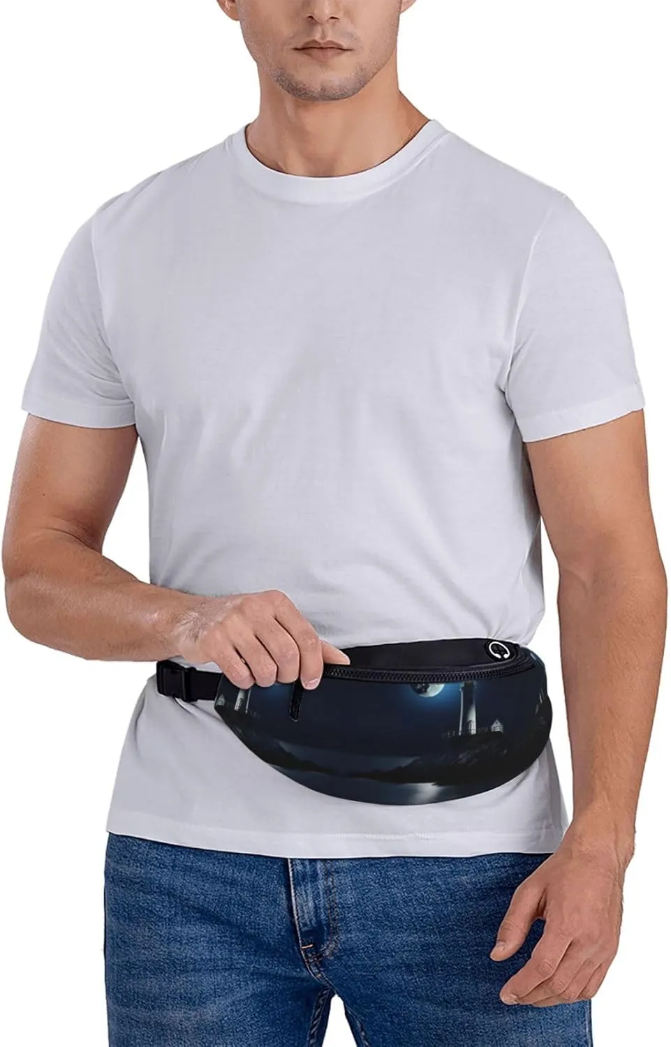 Waist Packs For Men & Women, Fashion Sling Pack With Adjustable Belt For Travel Sports Running.Moonlight Lighthouse Print