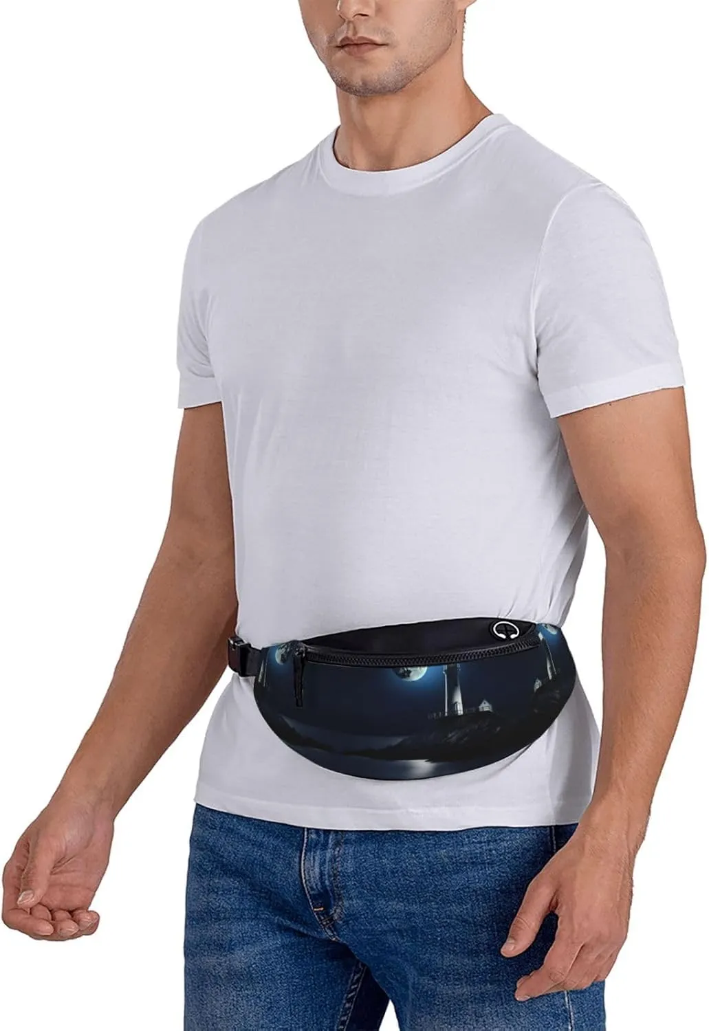 Waist Packs For Men & Women, Fashion Sling Pack With Adjustable Belt For Travel Sports Running.Moonlight Lighthouse Print