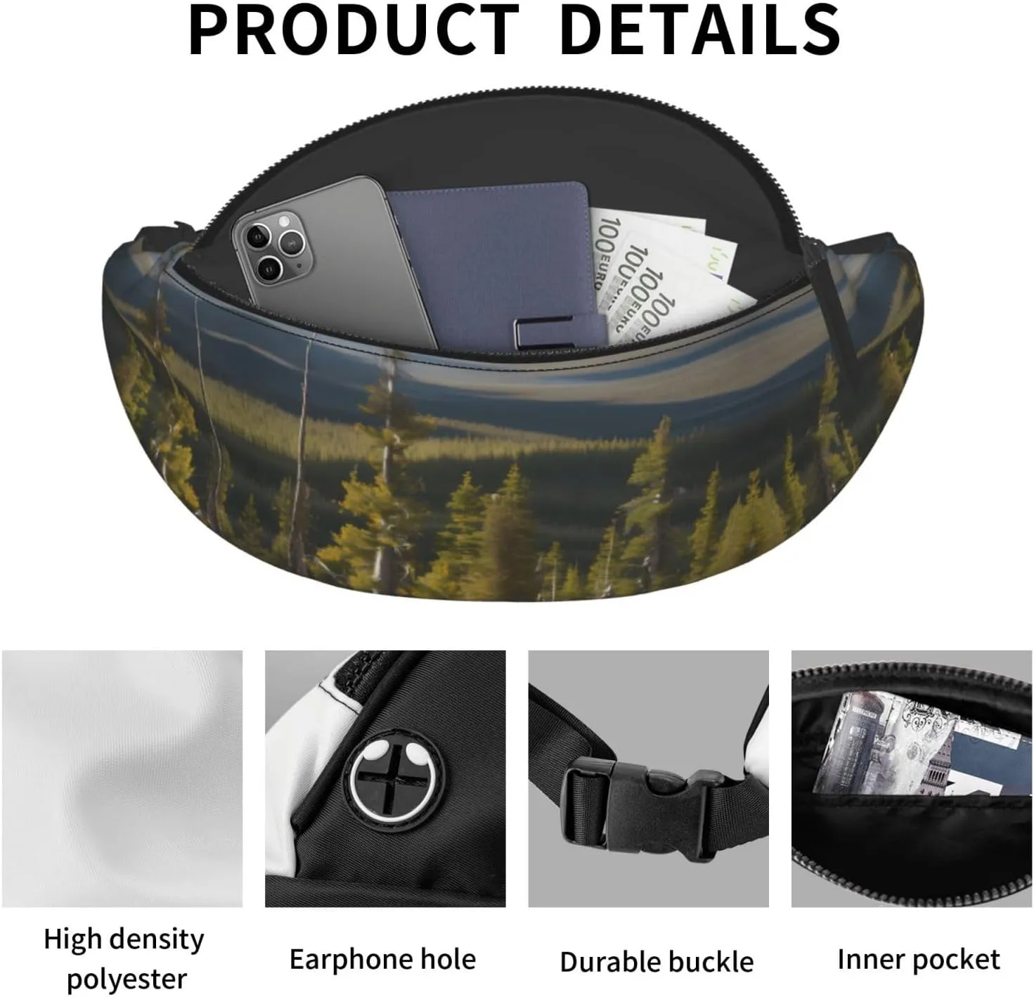Waist Packs For Men & Women, Fashion Sling Pack With Adjustable Belt For Travel Sports Running.Moose Mountain Pine Tree Print
