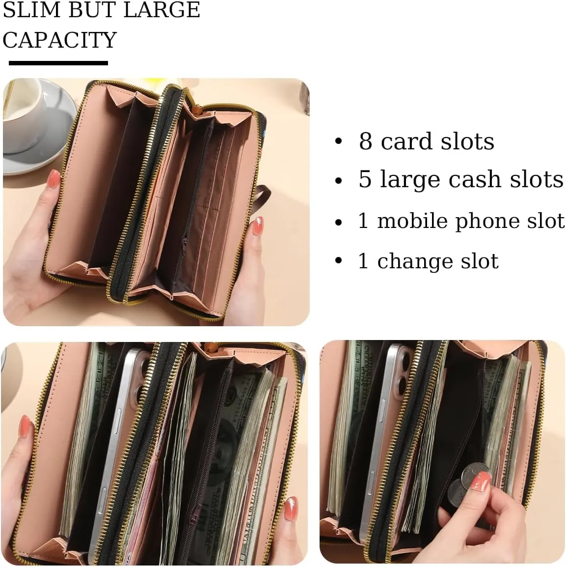 Wallet Purse for Women, Boho-Inspired Wristlet Wallet with Credit Card Holder（Black）