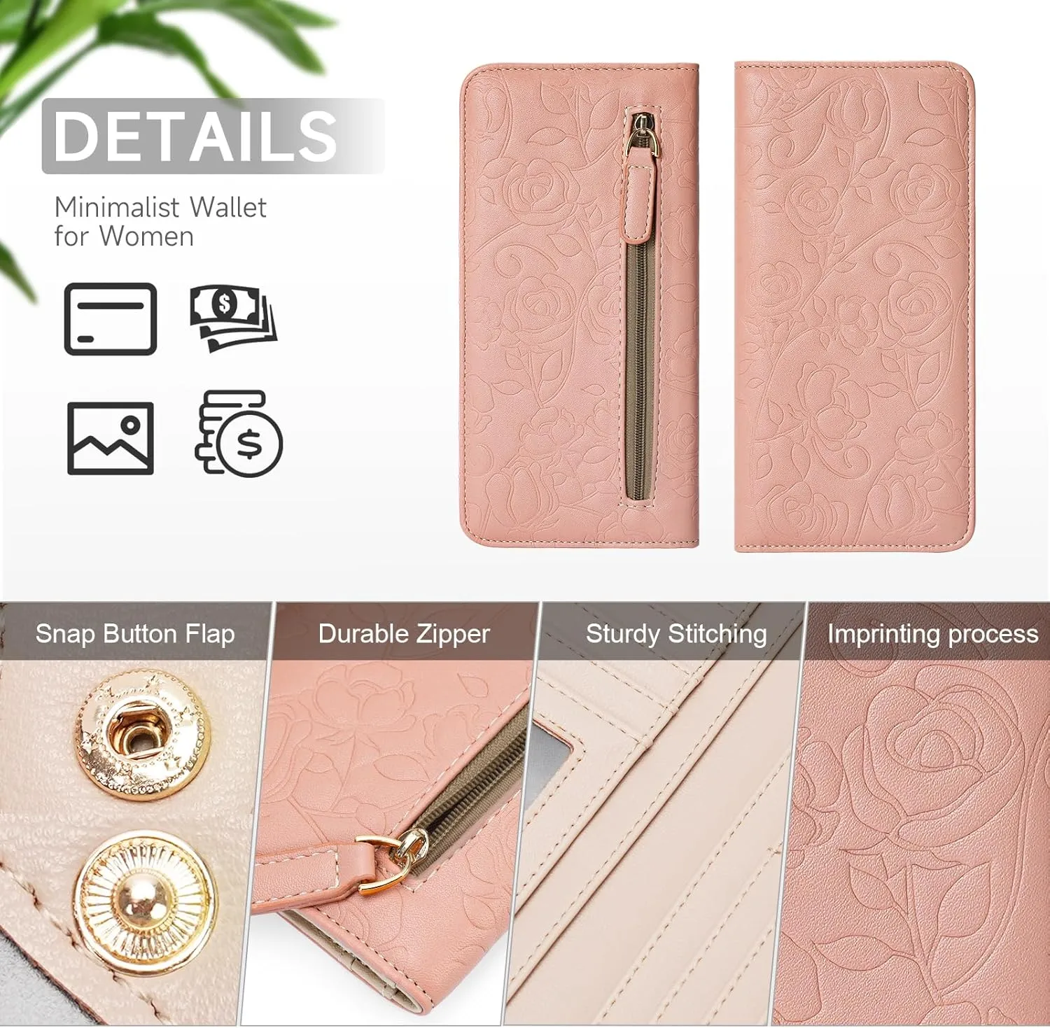 Wallet Women Ultra Slim Thin Womens Wallet RFID Blocking Bifold Clutch Long Ladies Wallet Rose PINK