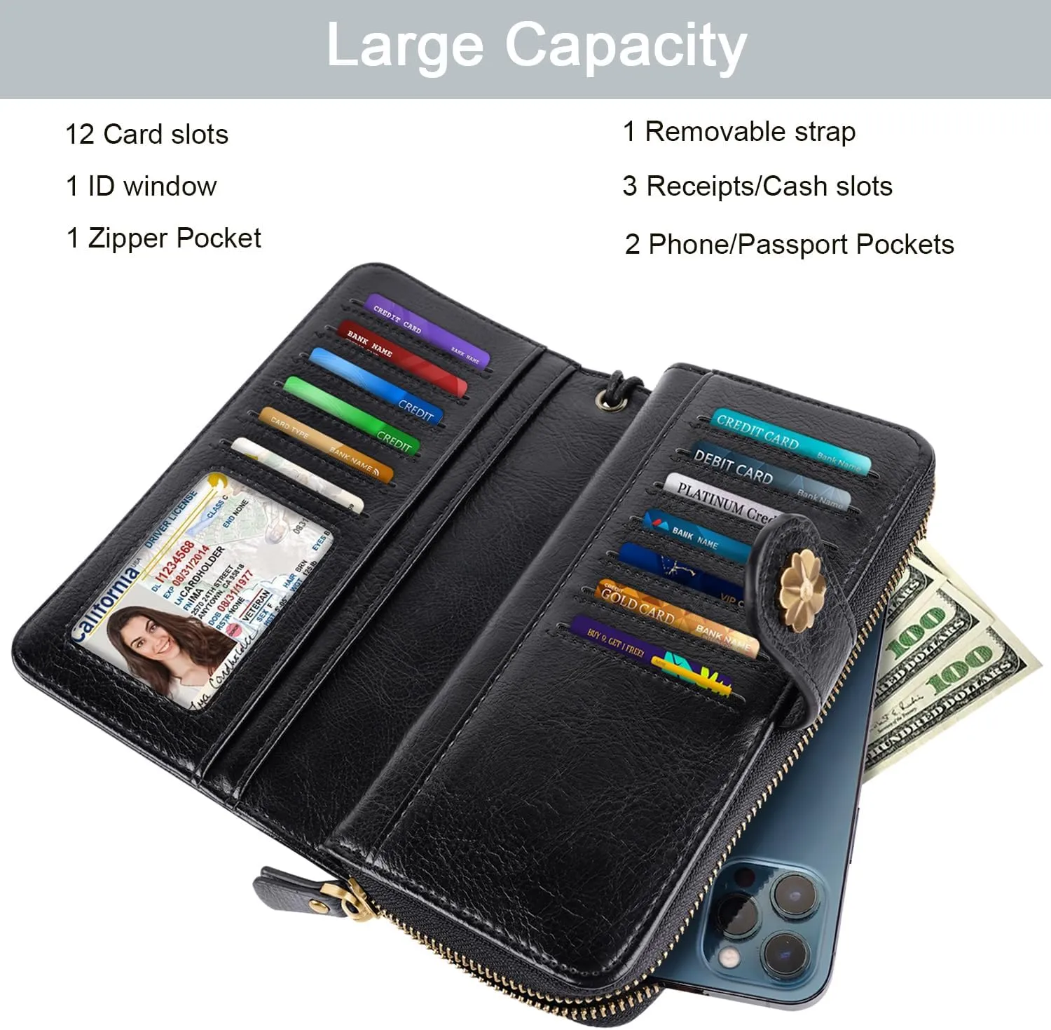 Wallets for Women Multi Card Holder Wallet Clutch Wallet Card Holder Organizer Ladies Purse with Wrist strap Purse