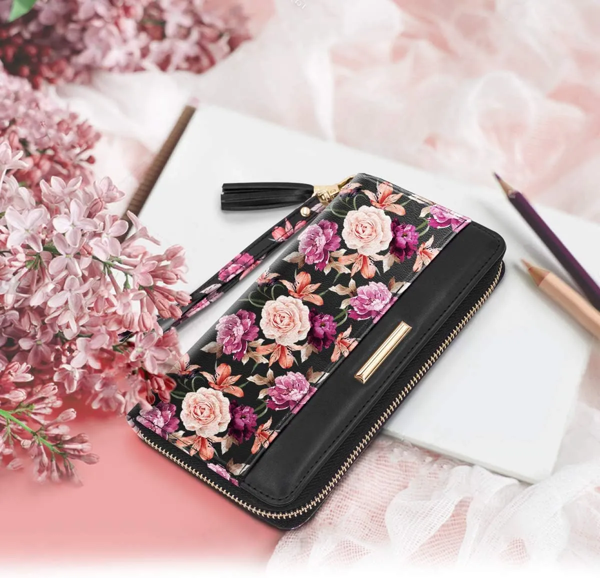 Wallets for Women PU Leather Card Holder Organizer Ladies Clutch with Tassel Wristlet Wrist strap