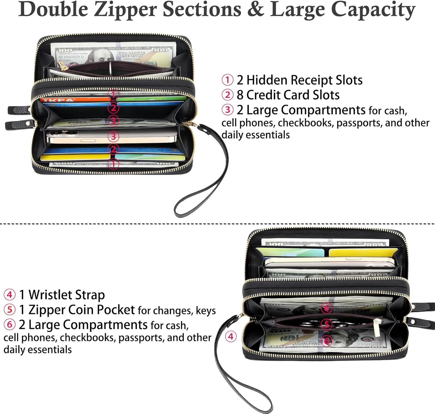 Wallets for Women Wristlet RFID Blocking Genuine Leather Double Zipper Credit Card Holder Large Ladies Clutch Purse