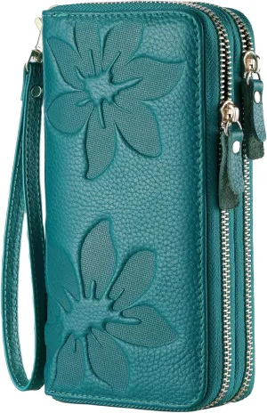 Wallets for Women Wristlet RFID Blocking Genuine Leather Double Zipper Credit Card Holder Large Ladies Clutch Purse