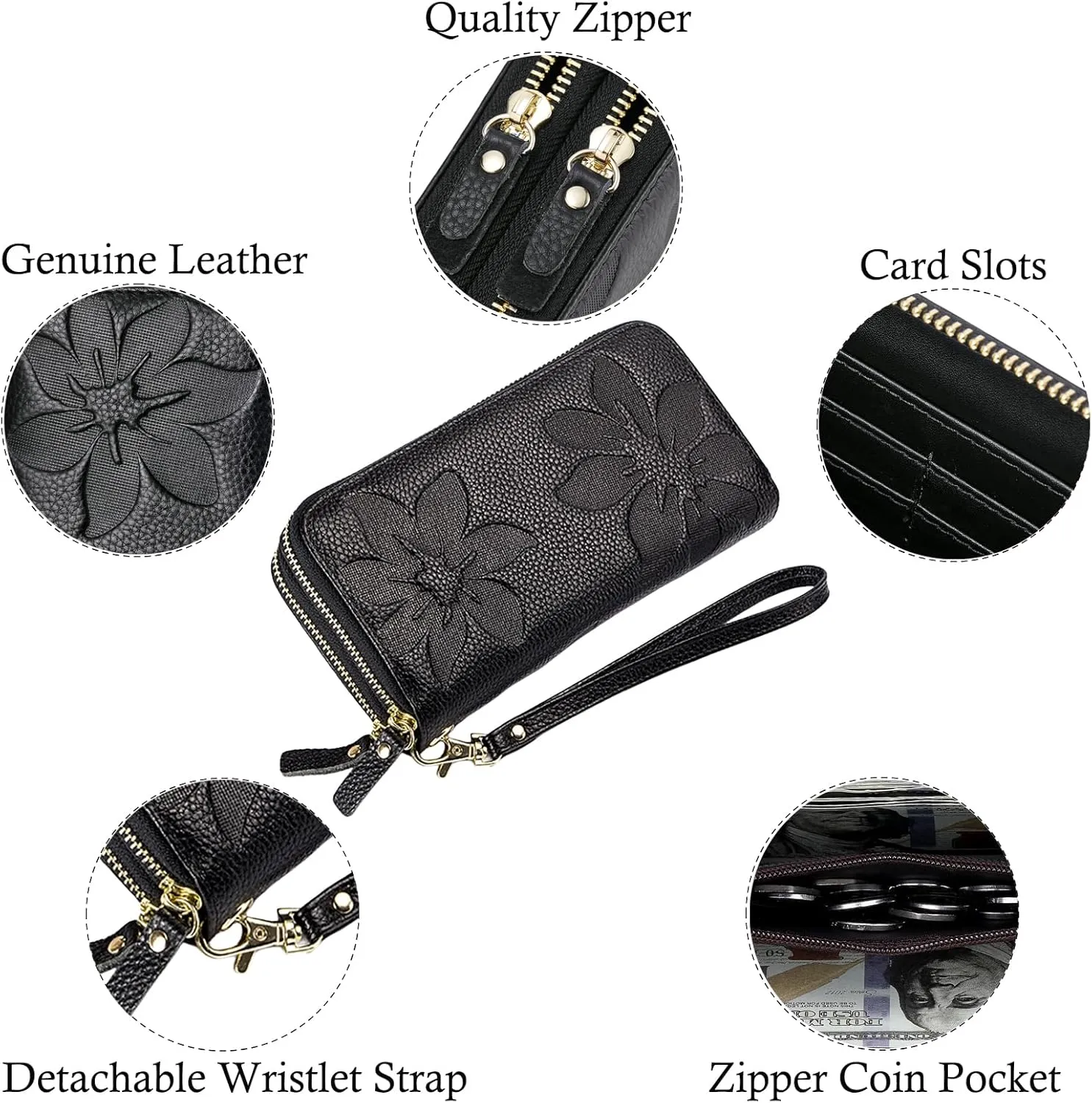 Wallets for Women Wristlet RFID Blocking Genuine Leather Double Zipper Credit Card Holder Large Ladies Clutch Purse