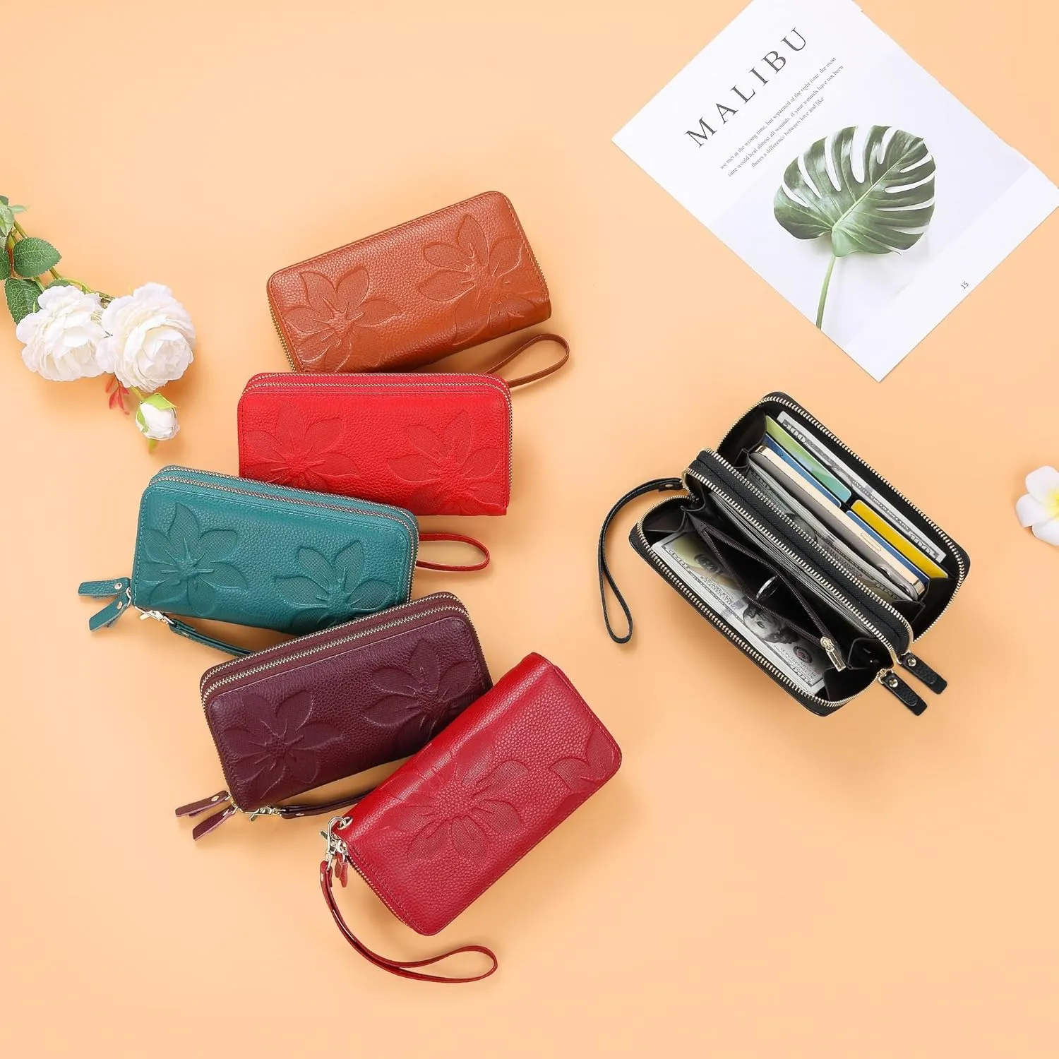 Wallets for Women Wristlet RFID Blocking Genuine Leather Double Zipper Credit Card Holder Large Ladies Clutch Purse
