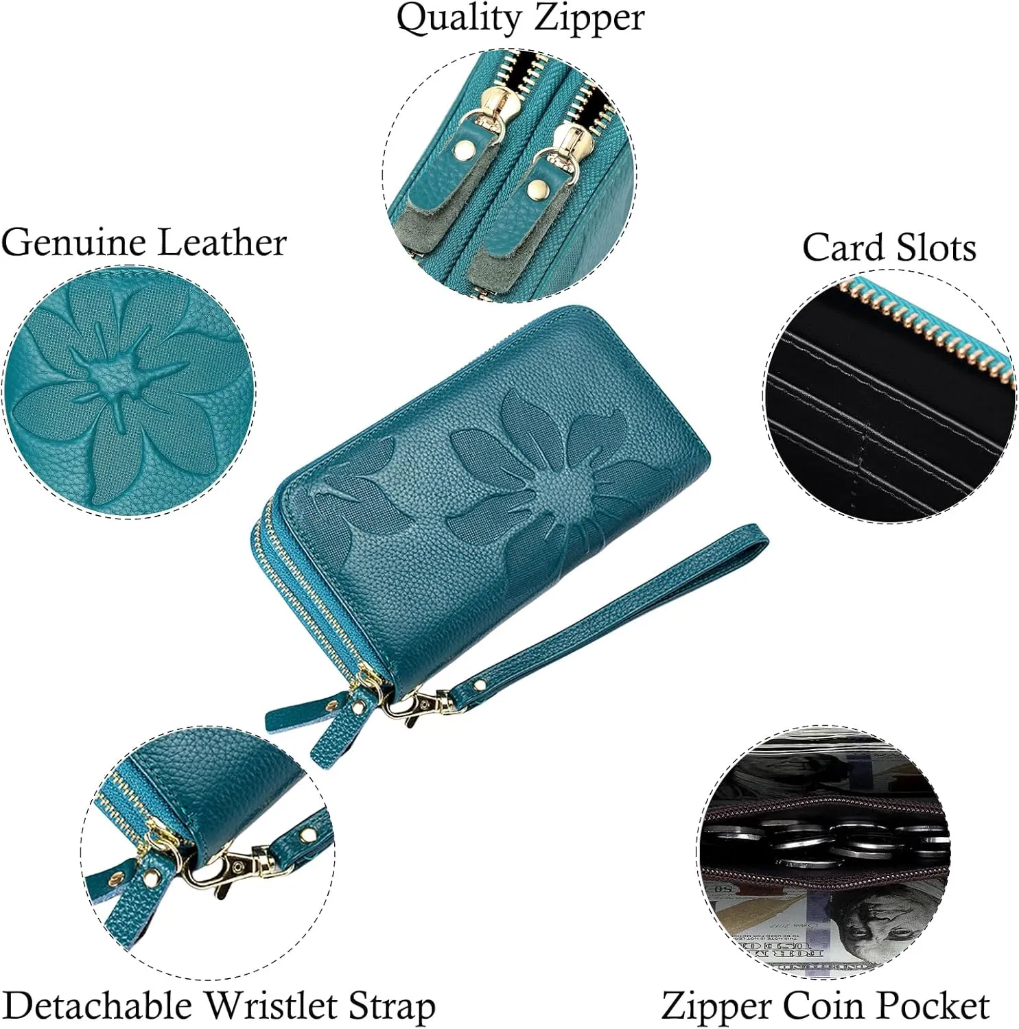Wallets for Women Wristlet RFID Blocking Genuine Leather Double Zipper Credit Card Holder Large Ladies Clutch Purse