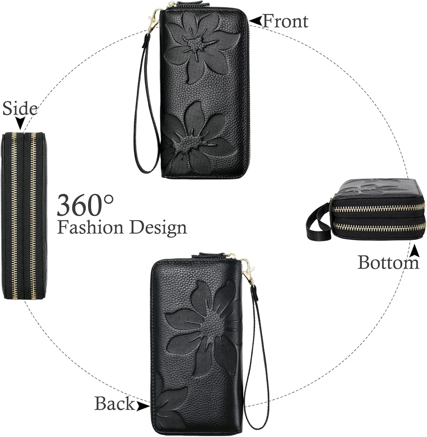 Wallets for Women Wristlet RFID Blocking Genuine Leather Double Zipper Credit Card Holder Large Ladies Clutch Purse