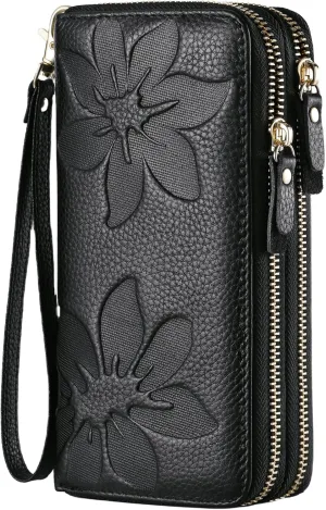 Wallets for Women Wristlet RFID Blocking Genuine Leather Double Zipper Credit Card Holder Large Ladies Clutch Purse
