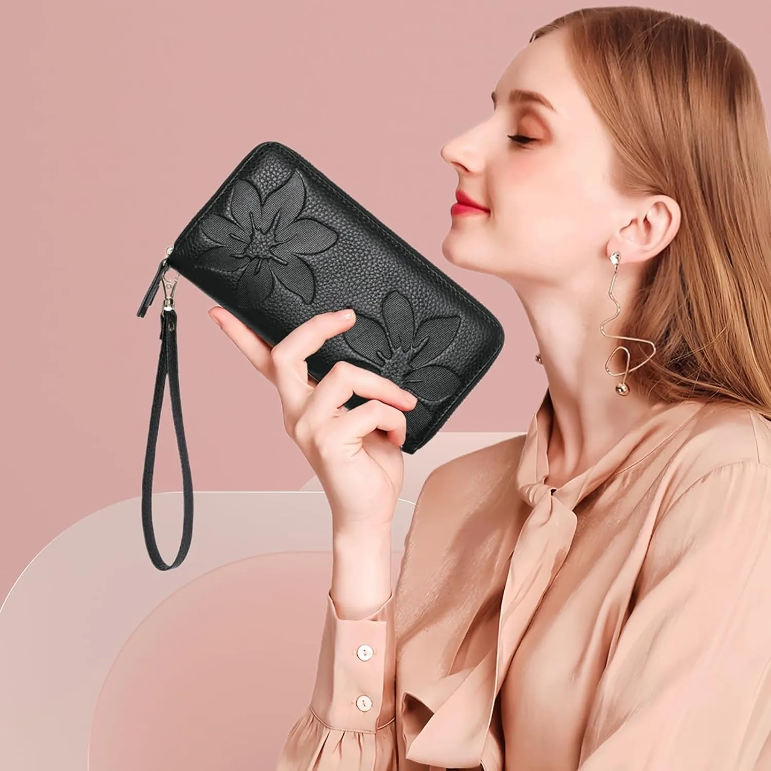 Wallets for Women Wristlet RFID Blocking Genuine Leather Double Zipper Credit Card Holder Large Ladies Clutch Purse