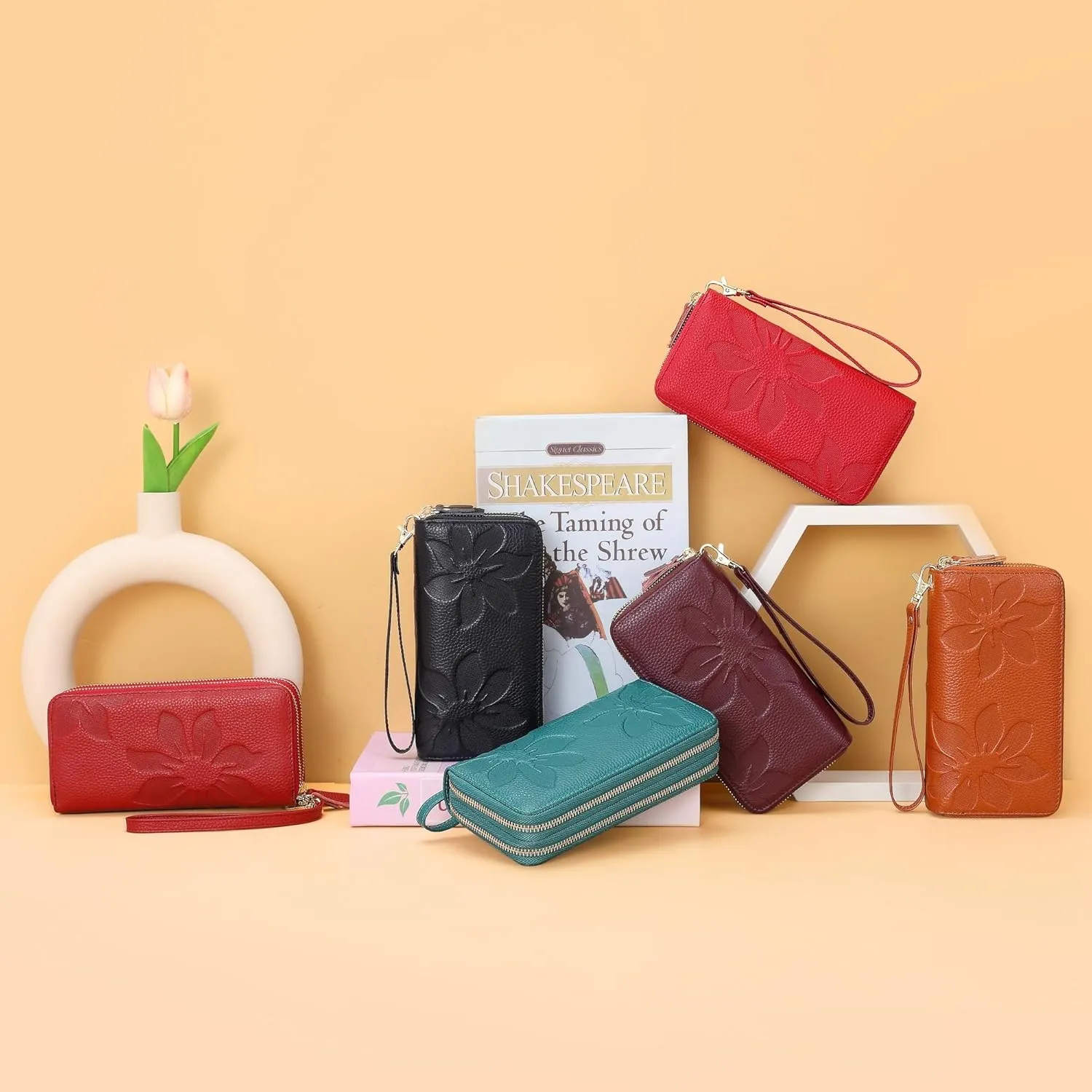 Wallets for Women Wristlet RFID Blocking Genuine Leather Double Zipper Credit Card Holder Large Ladies Clutch Purse