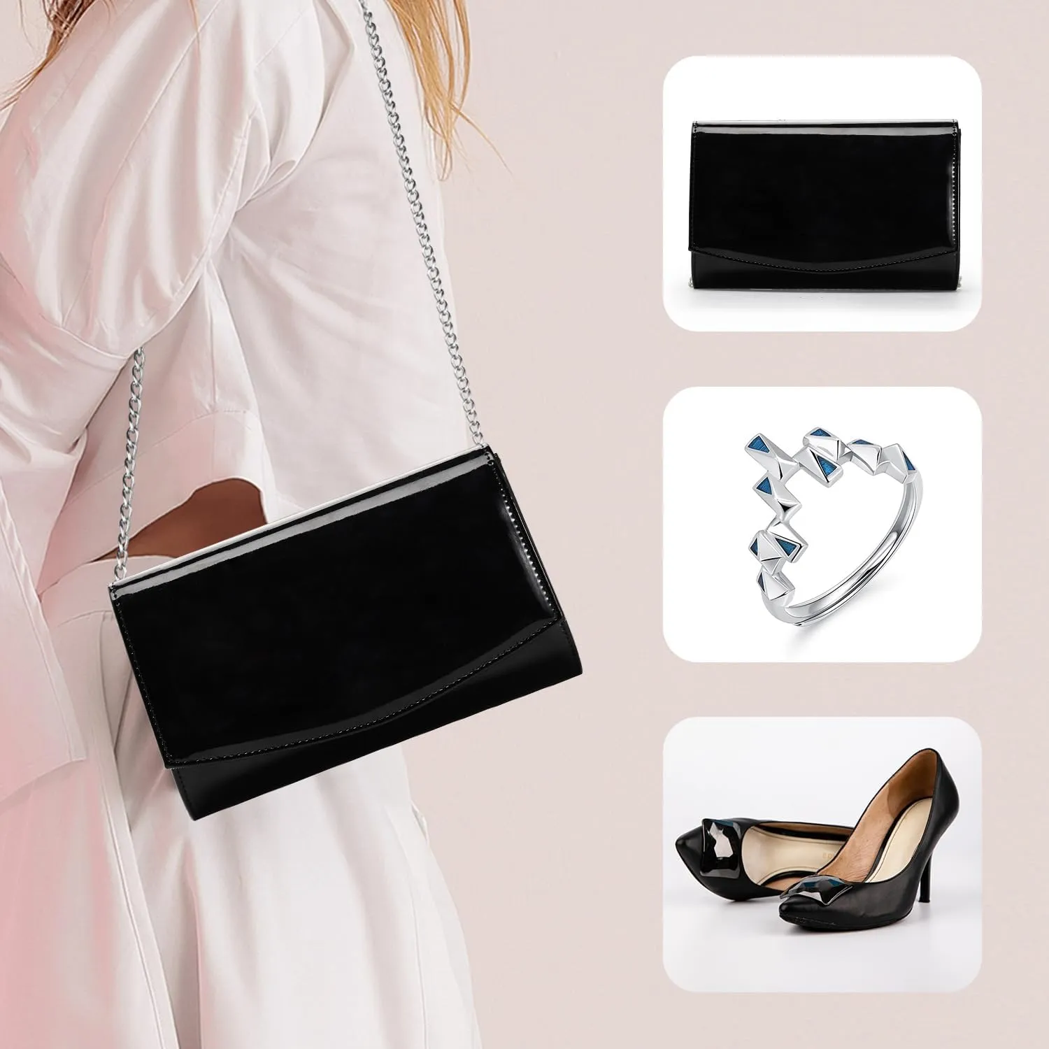 WALLYN'S Women Patent Leather Wallets Fashion Clutch Purses, Evening Bag Handbag Solid Color