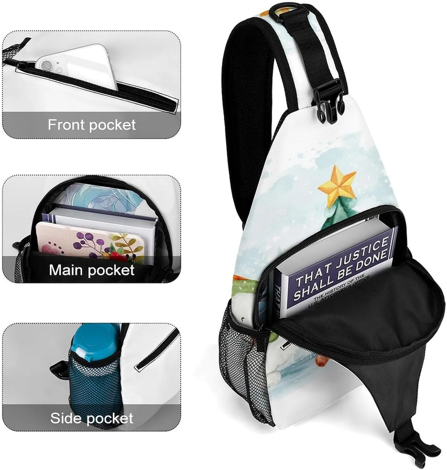 Watercolor-snowman-santa-print Sling Bag Crossbody Chest Bag Shoulder Bag For Travel Hiking Cycling Camping