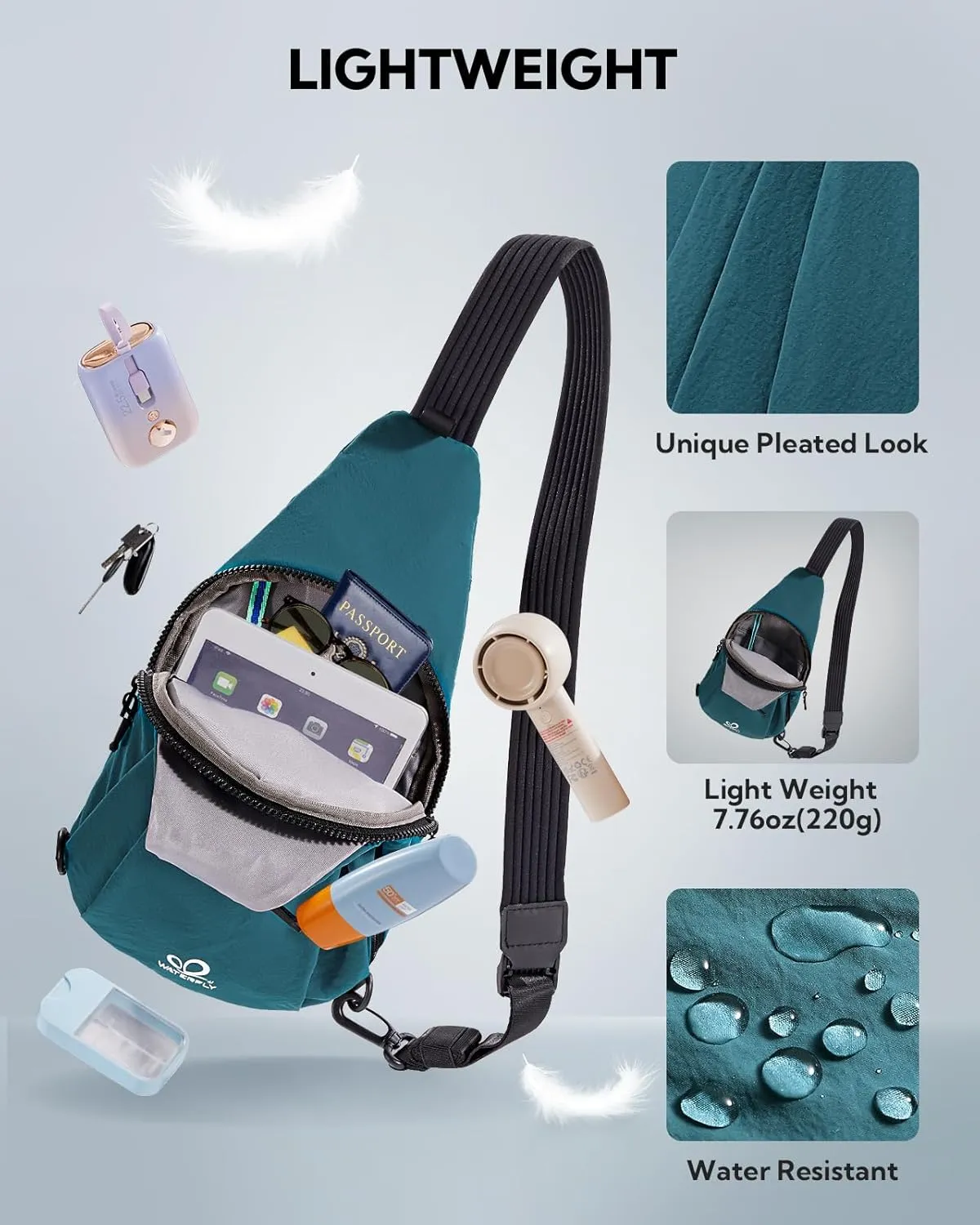 WATERFLY Small Crossbody Sling Bag: Lightweight Women Men Sling Backpack Stylish Casual Cross Body Bag Adjustable Straps Chest Bag Daypack for Shopping Hiking Travelling Blue