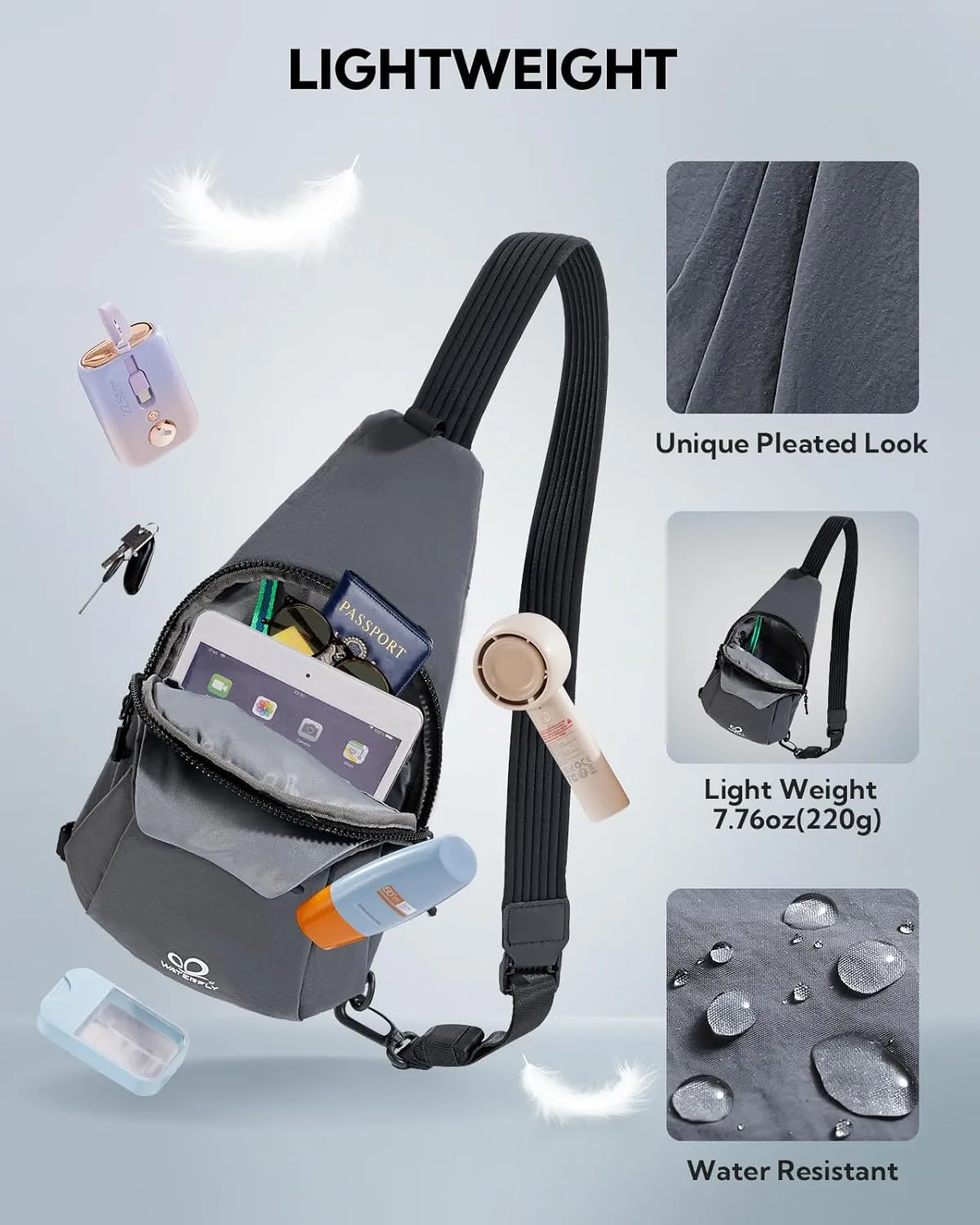 WATERFLY Small Crossbody Sling Bag: Lightweight Women Men Sling Backpack Stylish Casual Cross Body Bag Adjustable Straps Chest Bag Daypack for Shopping Hiking Travelling Dark Gray