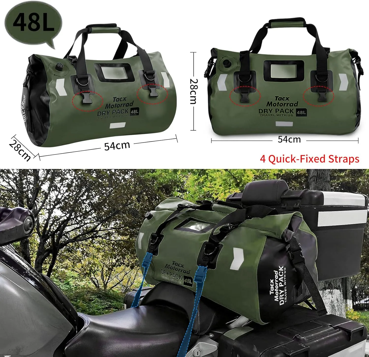 Waterproof Duffel Bag for Men/Women, Roll-top Dry Backpack Duffel Bag with Quick-fixed Straps, Motorcycle Tail Saddle Bag for Motorcycling, Rafting, Boating, Kayaking, Travel, 48L-Green