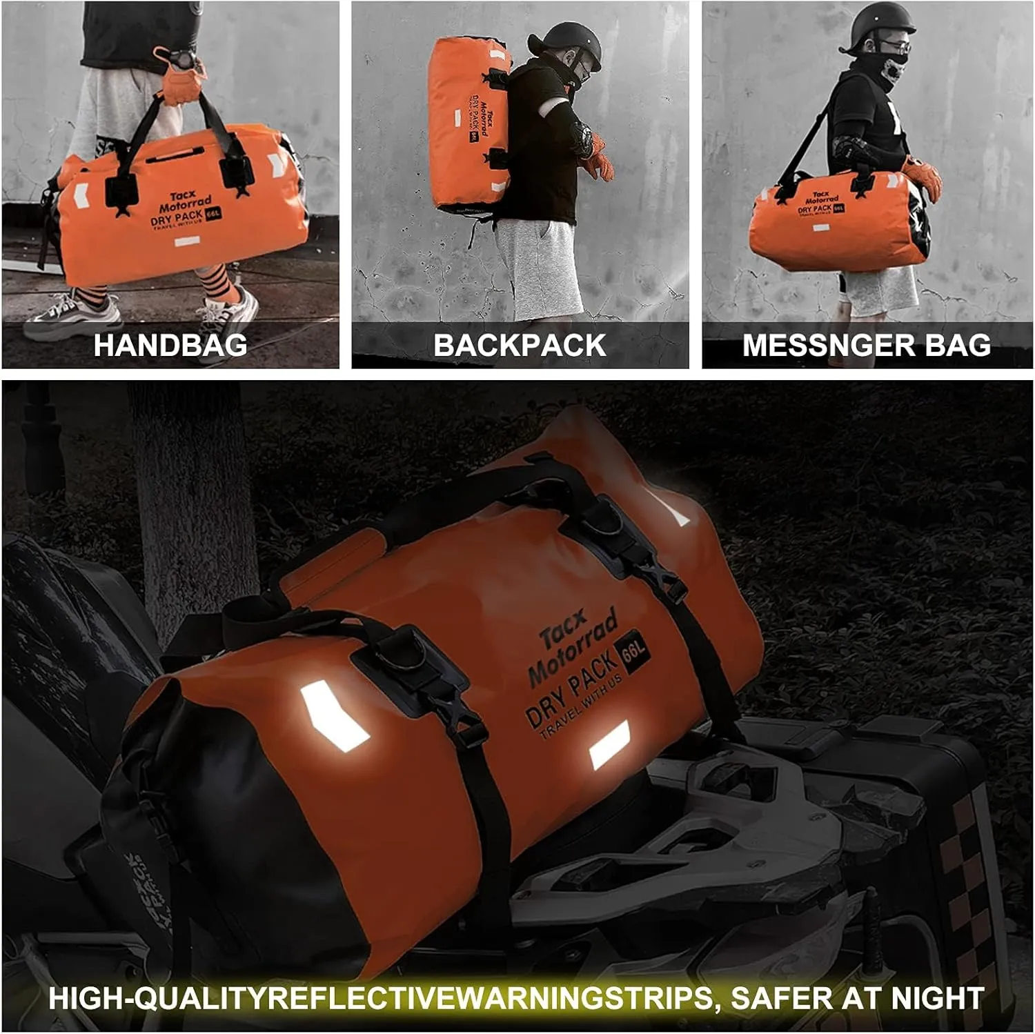 Waterproof Duffel Bag for Men/Women, Roll-top Dry Backpack Duffel Bag with Quick-fixed Straps, Motorcycle Tail Saddle Bag for Motorcycling, Rafting, Boating, Kayaking, Travel, 48L-Orange
