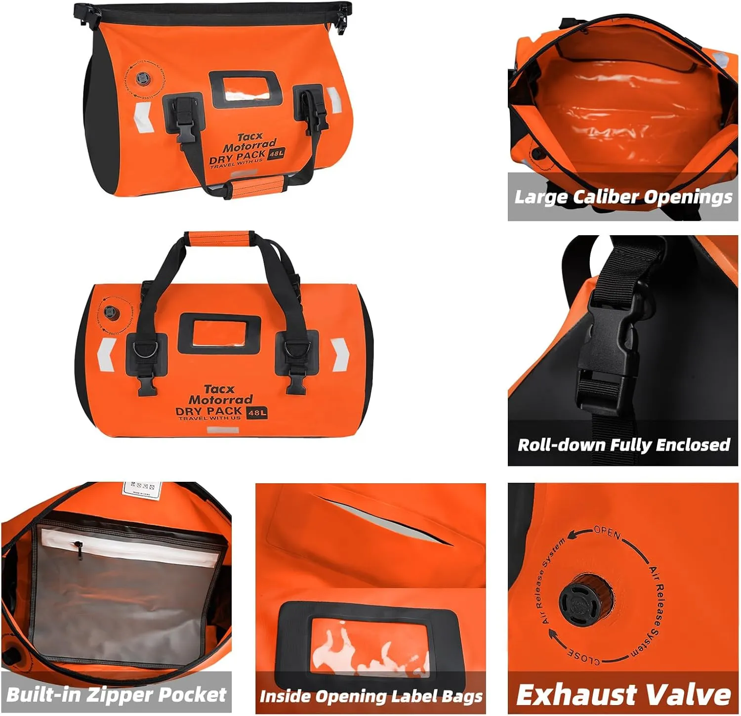 Waterproof Duffel Bag for Men/Women, Roll-top Dry Backpack Duffel Bag with Quick-fixed Straps, Motorcycle Tail Saddle Bag for Motorcycling, Rafting, Boating, Kayaking, Travel, 48L-Orange