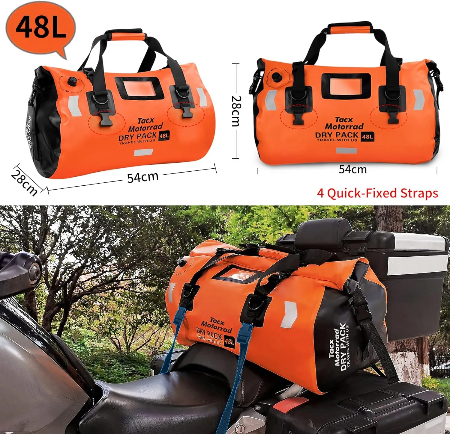 Waterproof Duffel Bag for Men/Women, Roll-top Dry Backpack Duffel Bag with Quick-fixed Straps, Motorcycle Tail Saddle Bag for Motorcycling, Rafting, Boating, Kayaking, Travel, 48L-Orange