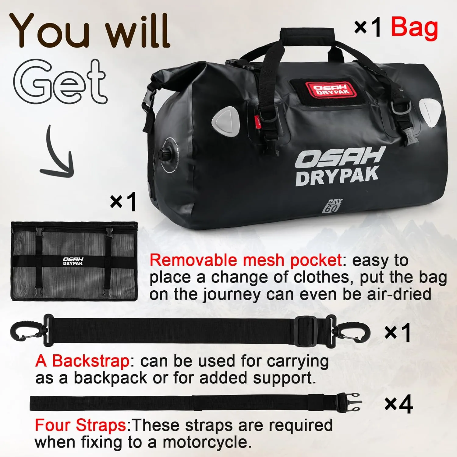 Waterproof Duffel Bag - Motorcycle Dry Bag Tail Bag with Large Storage Space, Waterproof Luggage Duffle Bags with Outer Mesh Zipper Pocket for Camping, Kayaking, Fishing & Traveling