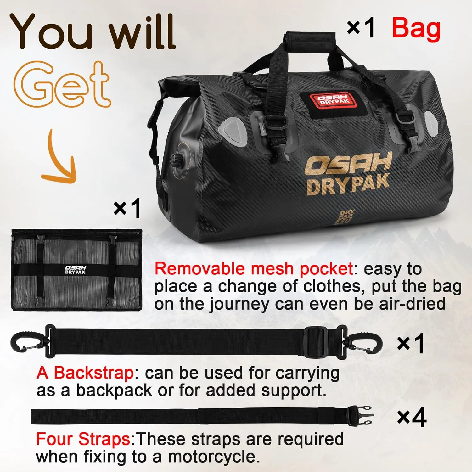 Waterproof Duffel Bag - Motorcycle Dry Bag Tail Bag with Large Storage Space, Waterproof Luggage Duffle Bags with Outer Mesh Zipper Pocket for Camping, Kayaking, Fishing & Traveling
