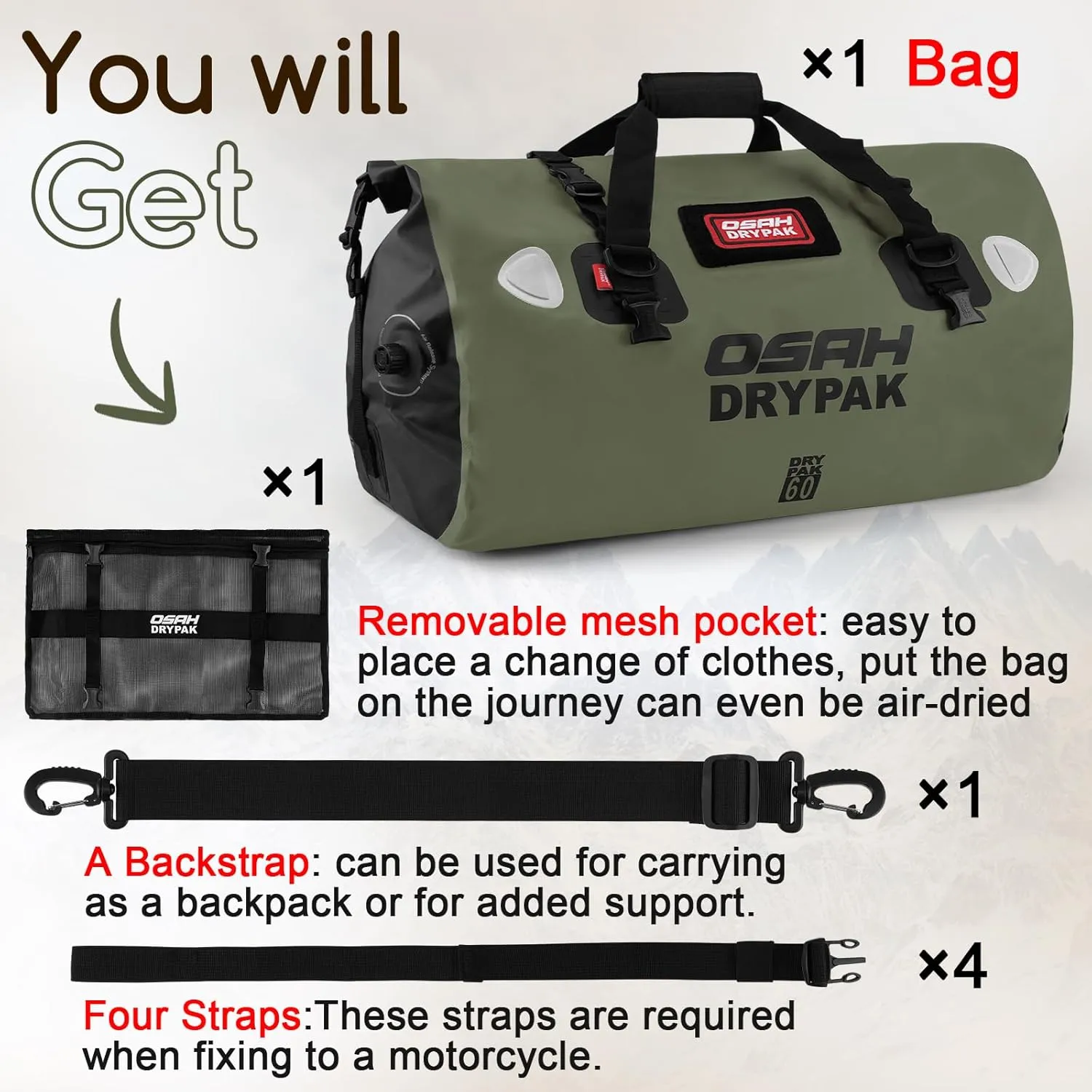 Waterproof Duffel Bag - Motorcycle Dry Bag Tail Bag with Large Storage Space, Waterproof Luggage Duffle Bags with Outer Mesh Zipper Pocket for Camping, Kayaking, Fishing & Traveling