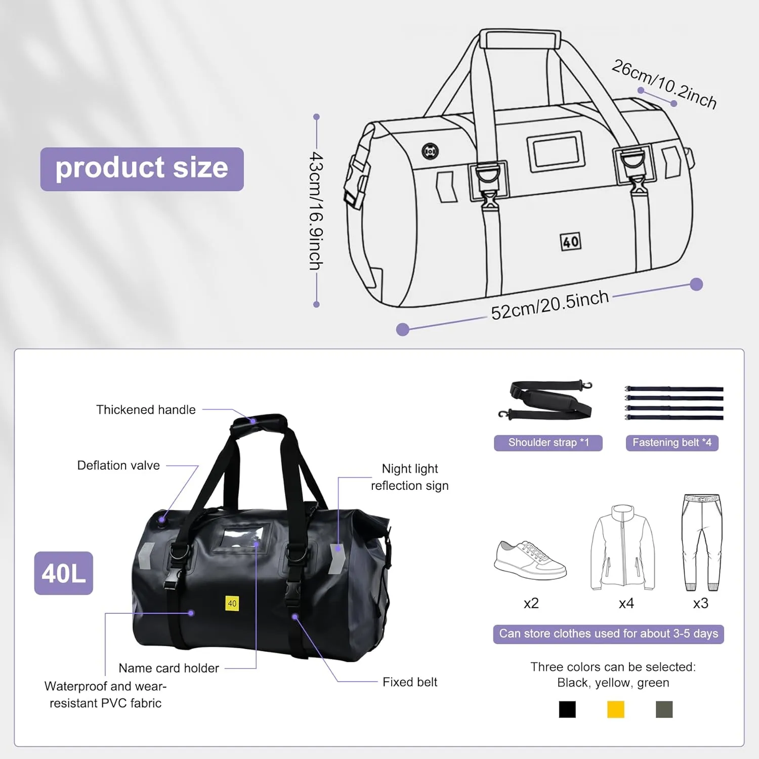 Waterproof Duffel Bag，Roll-Top Heavy Duty Dry Duffle Bag，Motorcycle Dry Bag，with Large Storage Space, Perfect for Traveling, Camping, Kayaking, Fishing & Canoeing (Carbon fiber black, 40L)