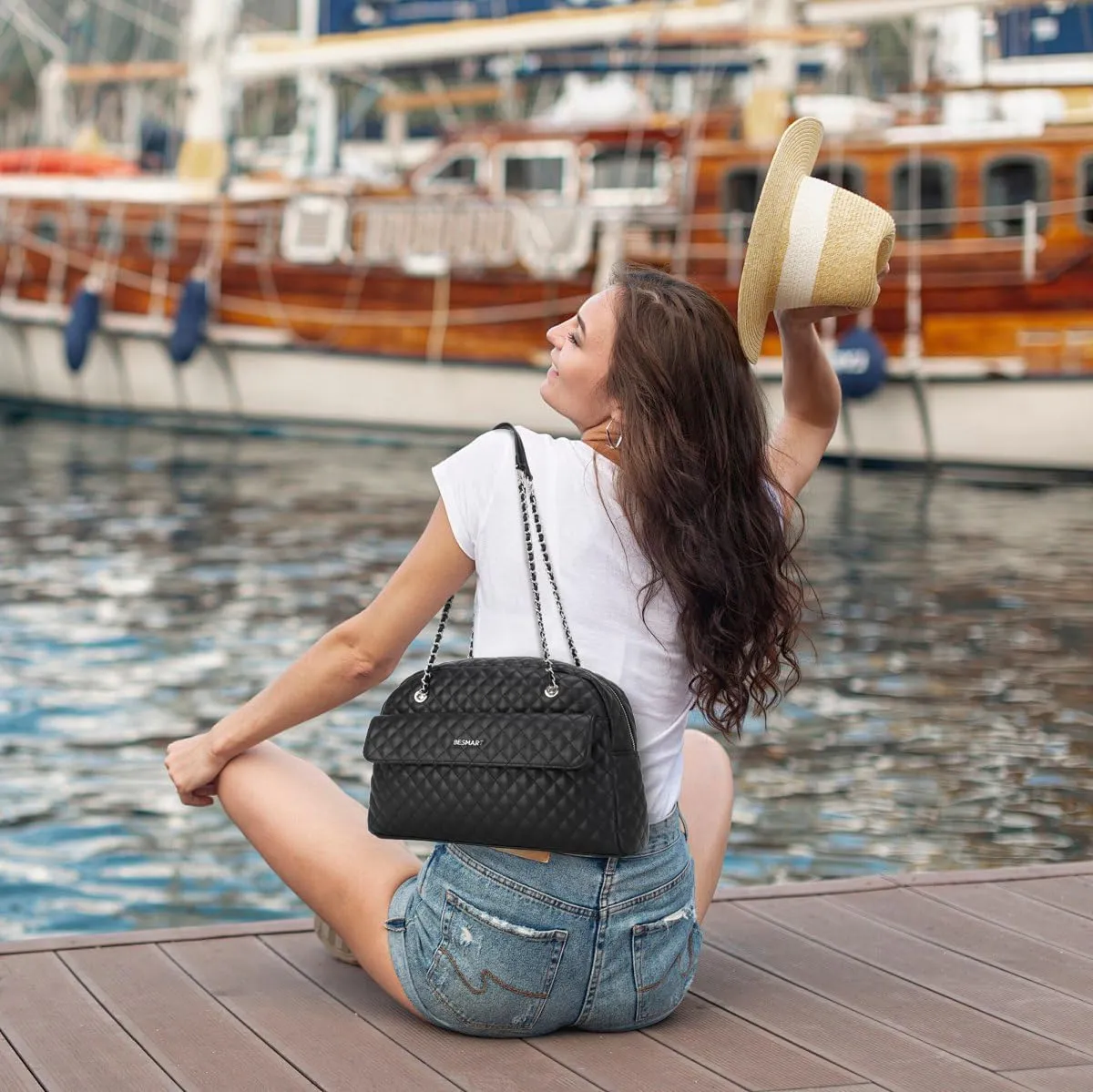 Waterproof Handbags Women's Shoulder Bag, Soft PU Vegan Leather Top Handle Bag Ladies Rhombic Jacquard Evening Bag