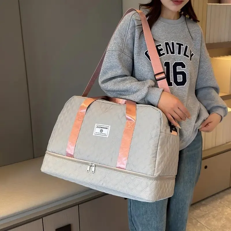 Waterproof Large-Capacity Gym Duffel Bag – Durable Nylon Travel Luggage with Shoe Compartment & Multi-Pocket Organizer – Ideal for Gym, Travel & Weekend Trips, Available in 10 Colors (Grey and Pink)