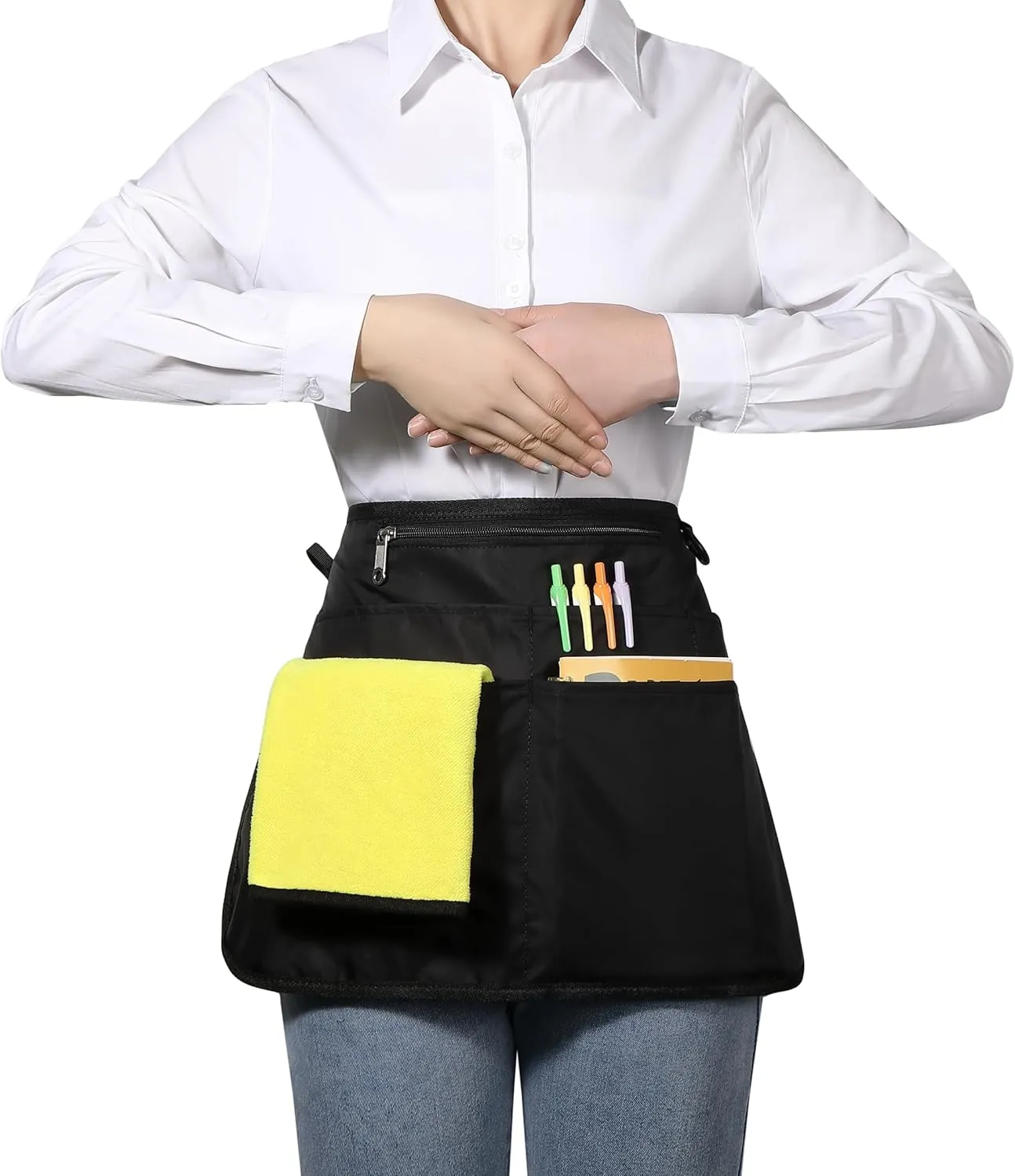 Waterproof Server Apron for Women with 6 Pockets,Quickly Put on and Take off Waitress Apron,Work Apron for Bartender Barista