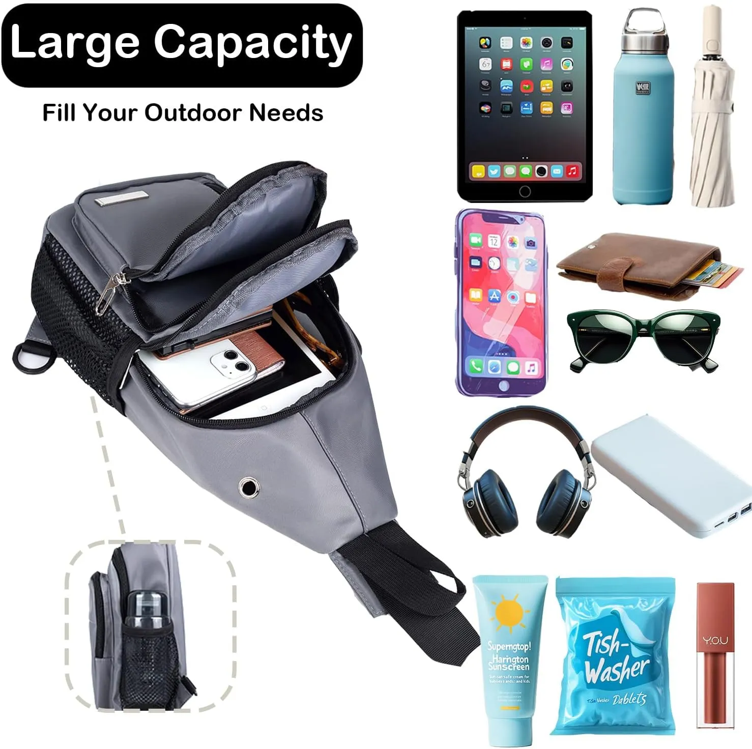 Waterproof Sling Backpack Crossbody Sling Bag for Women Men, Multipurpose Travel Hiking Adjustable Chest Bag Casual Daypack with Pocket