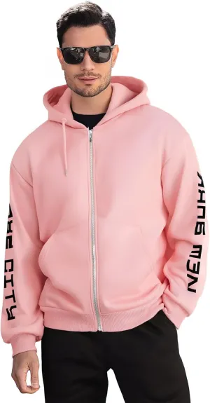 WDIRARA Men's Graphic Print Drop Shoulder Zipper Hoodies Long Sleeve Sweatshirts with Pockets