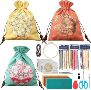 WEBEEDY 3 Sets DIY Embroidery Drawstring Bag Kit DIY Tote Bag Kit with Flower Patterns,Embroidery Hoops for Beginners,Needlepoint Sewing Handbag Kit for Christmas Party Gift Bag,8.5x6.5 Inch