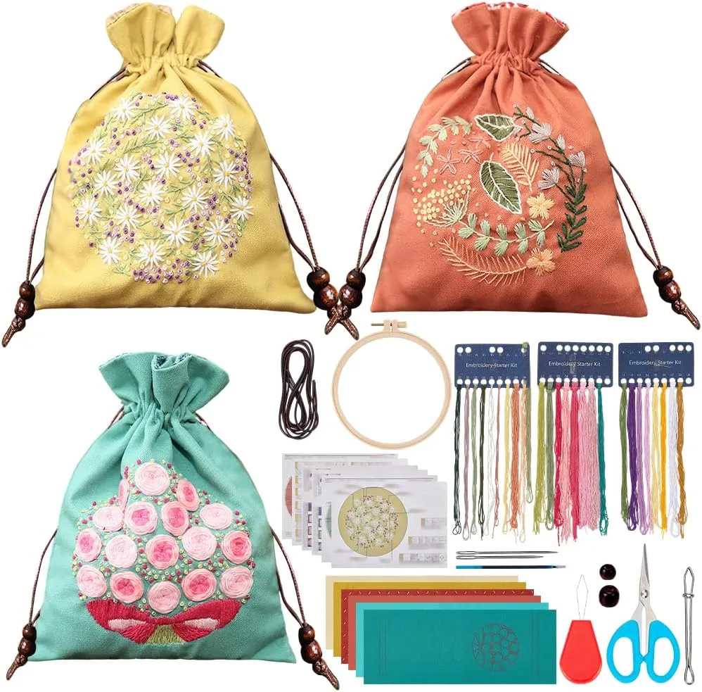 WEBEEDY 3 Sets DIY Embroidery Drawstring Bag Kit DIY Tote Bag Kit with Flower Patterns,Embroidery Hoops for Beginners,Needlepoint Sewing Handbag Kit for Christmas Party Gift Bag,8.5x6.5 Inch