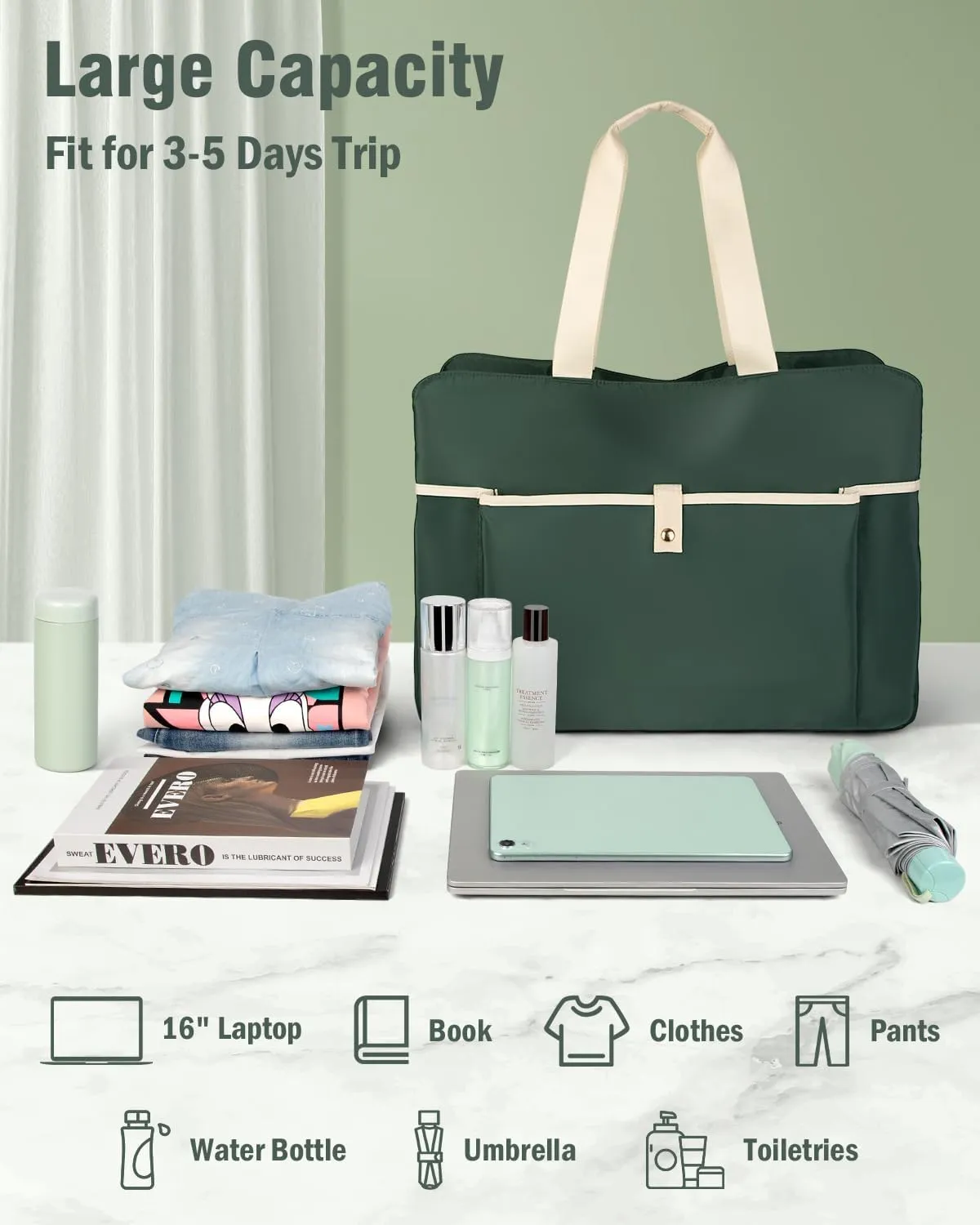 Wedama Large Tote Gym Bag for Women, Weekender Bags Travel Duffel Overnight Carry on Bag Women Labor Delivery with Wet Pocket for Travel Sport, Dark Green