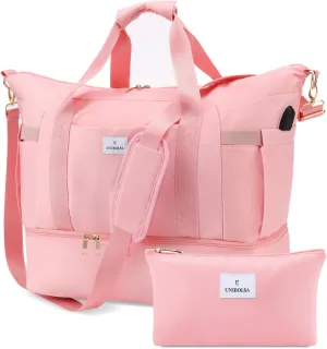 Weekender Bags for Women, Large Travel Duffel Bags with Shoe Compartment and USB Charging Port, Carry on Overnight Bag with Toiletry Bag for Gym, Sports, Business Trip - UNIBOLSA Pink