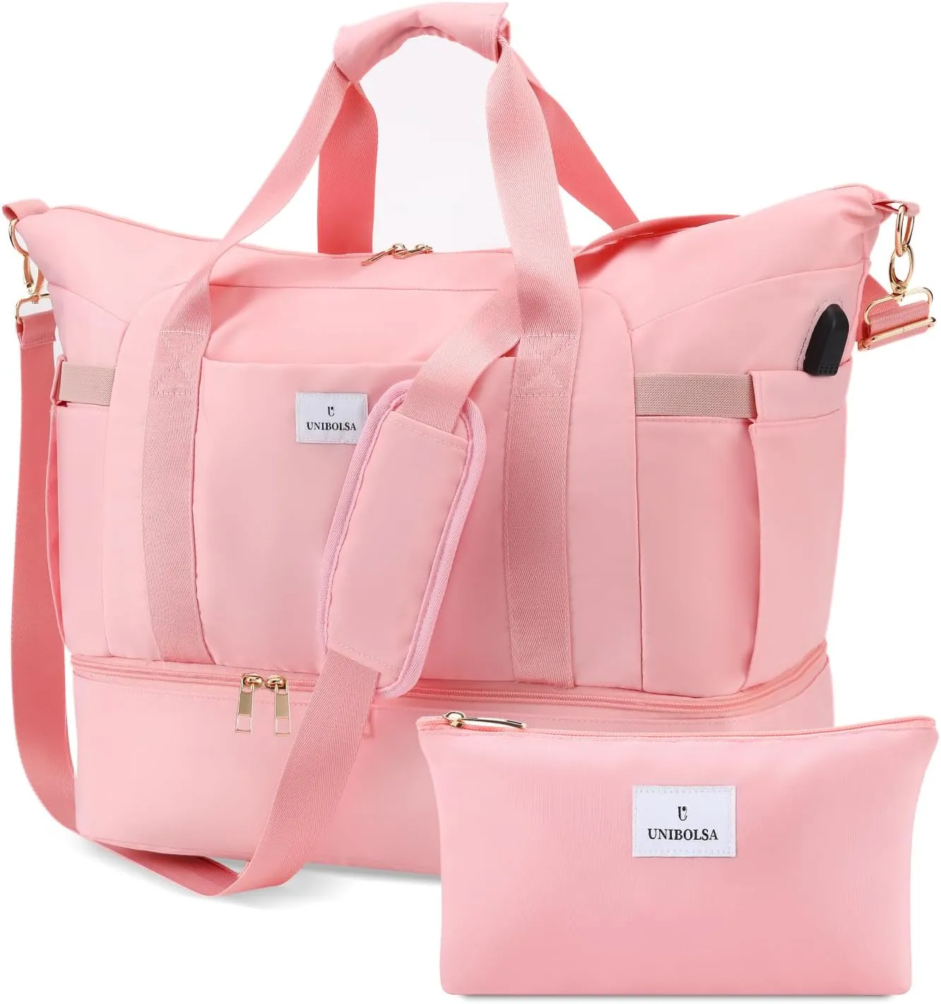 Weekender Bags for Women, Large Travel Duffel Bags with Shoe Compartment and USB Charging Port, Carry on Overnight Bag with Toiletry Bag for Gym, Sports, Business Trip - UNIBOLSA Pink