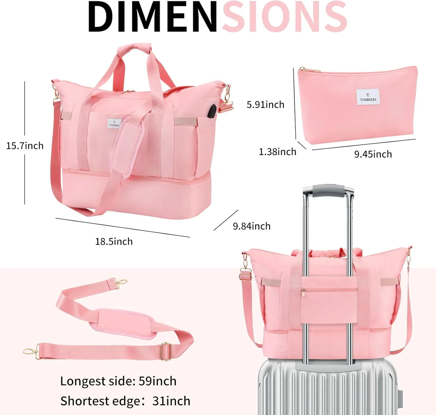 Weekender Bags for Women, Large Travel Duffel Bags with Shoe Compartment and USB Charging Port, Carry on Overnight Bag with Toiletry Bag for Gym, Sports, Business Trip - UNIBOLSA Pink