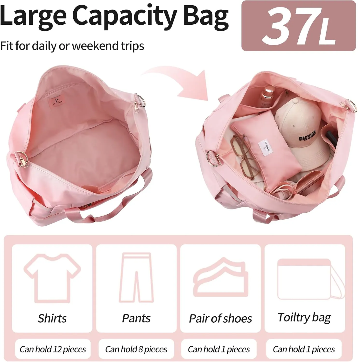 Weekender Bags for Women, Large Travel Duffel Bags with Shoe Compartment and USB Charging Port, Carry on Overnight Bag with Toiletry Bag for Gym, Sports, Business Trip - UNIBOLSA Pink