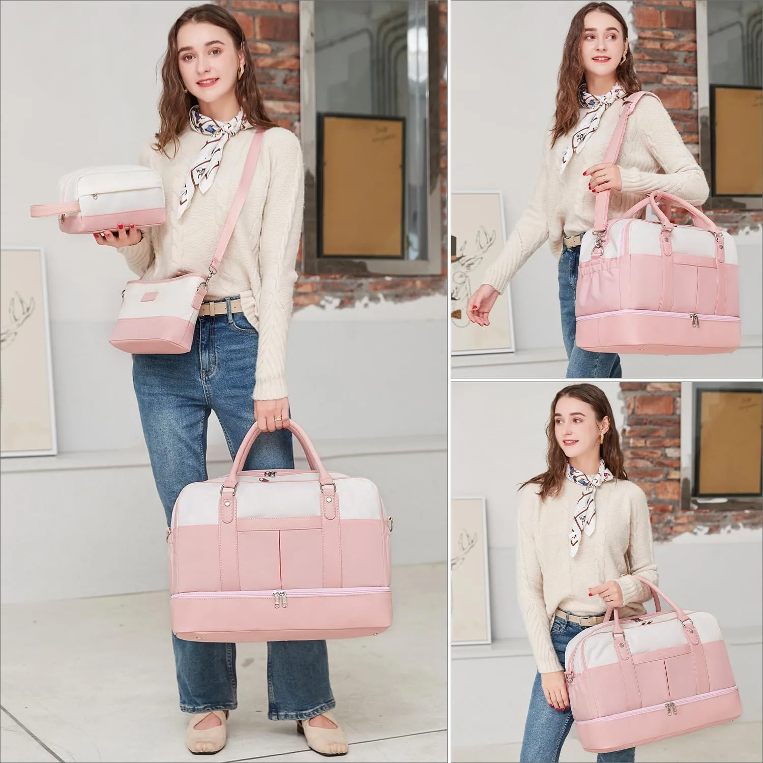 Weekender Bags for Women Overnight Bag Large Canvas Travel Duffel Bag with Shoe Compartment Carry On Tote Bag 3Pcs Set