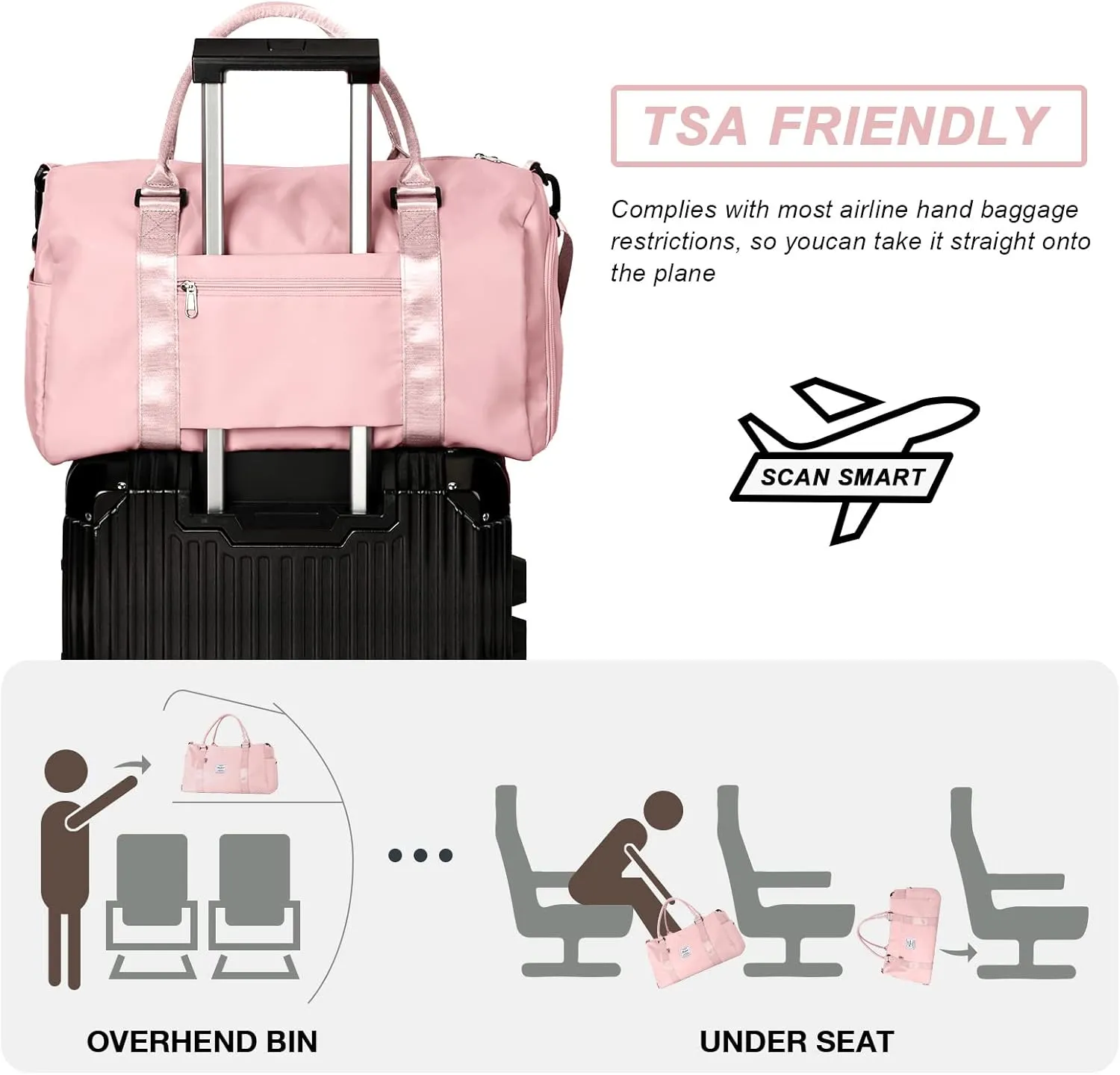 Weekender Gym Duffel Bags for Women Pink with Toiletry Bag, Travel Totes Bag for Airplane, Cute Sports Gym Dance Bag Overnight Luggage Bag with Wet Pocket Shoe Compartment, Carry On Hospital Bag