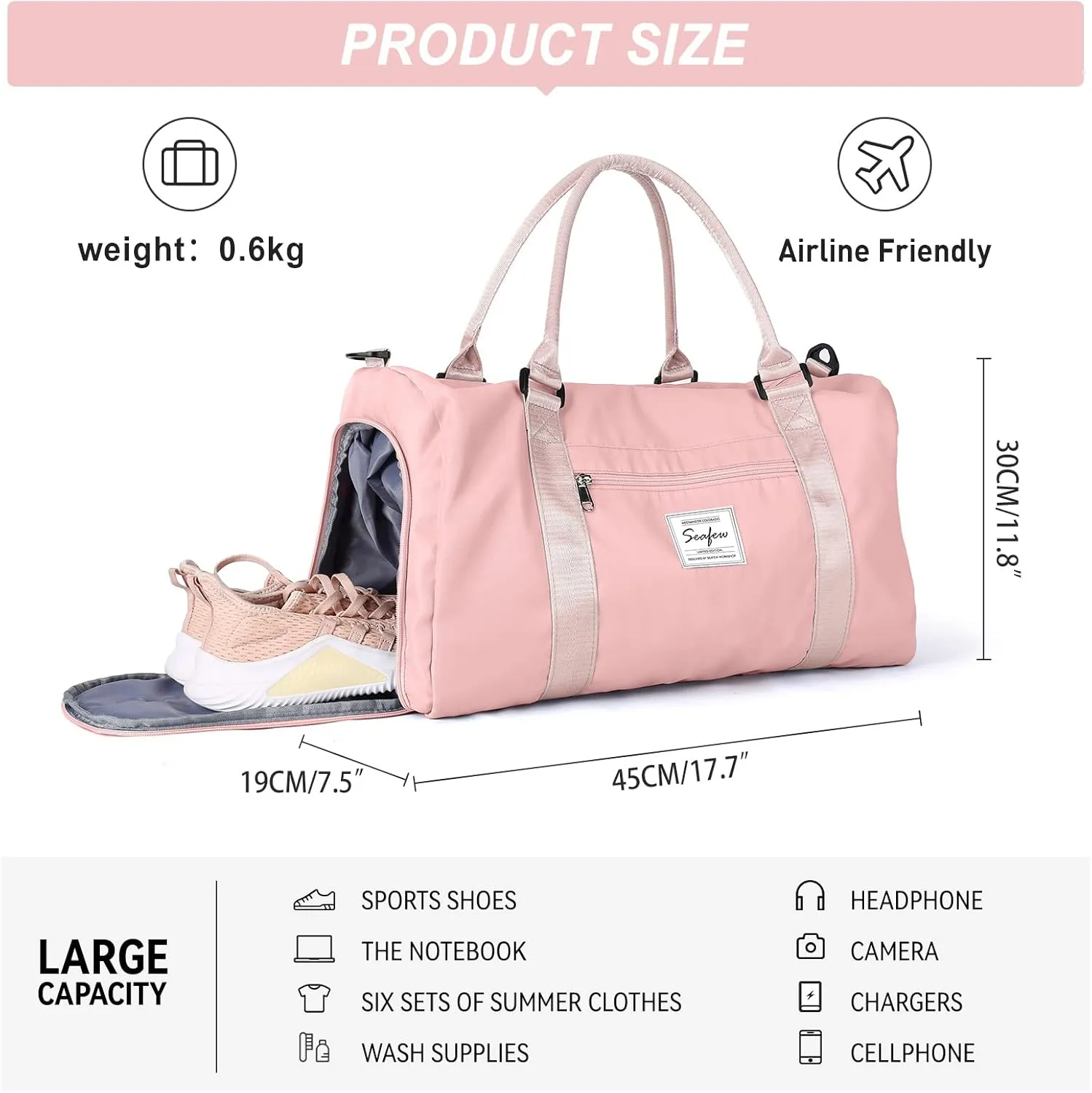 Weekender Gym Duffel Bags for Women Pink with Toiletry Bag, Travel Totes Bag for Airplane, Cute Sports Gym Dance Bag Overnight Luggage Bag with Wet Pocket Shoe Compartment, Carry On Hospital Bag